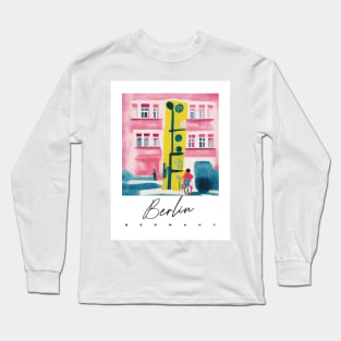 Berlin Street Light Pink Yellow Gouache Travel Poster Retro Wall Art Illustration Long Sleeve T-Shirt